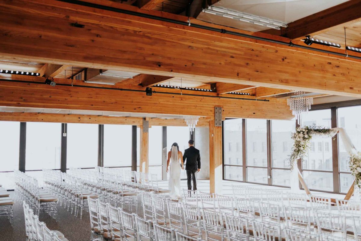 couple looking at ceremony set-up