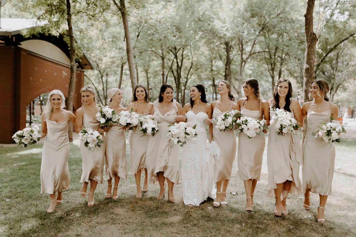 bridal party walking in mears park