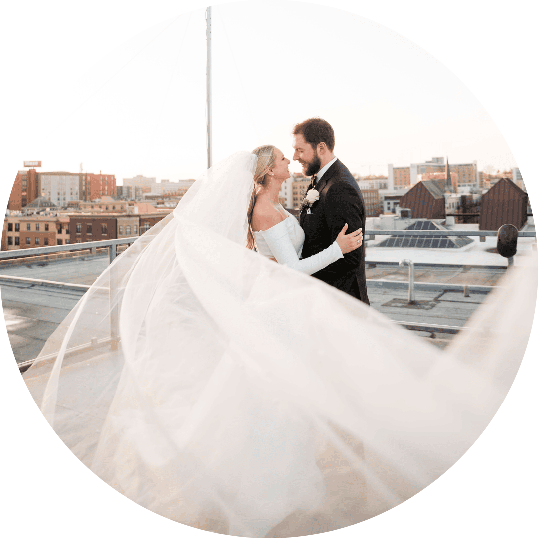 bride and groom on rooftop