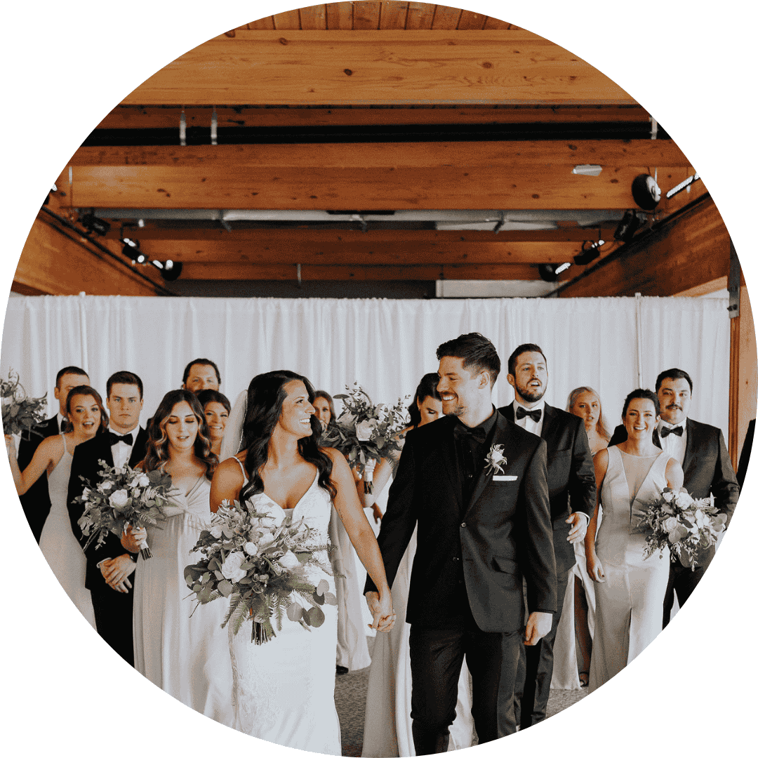 bride and groom with wedding party