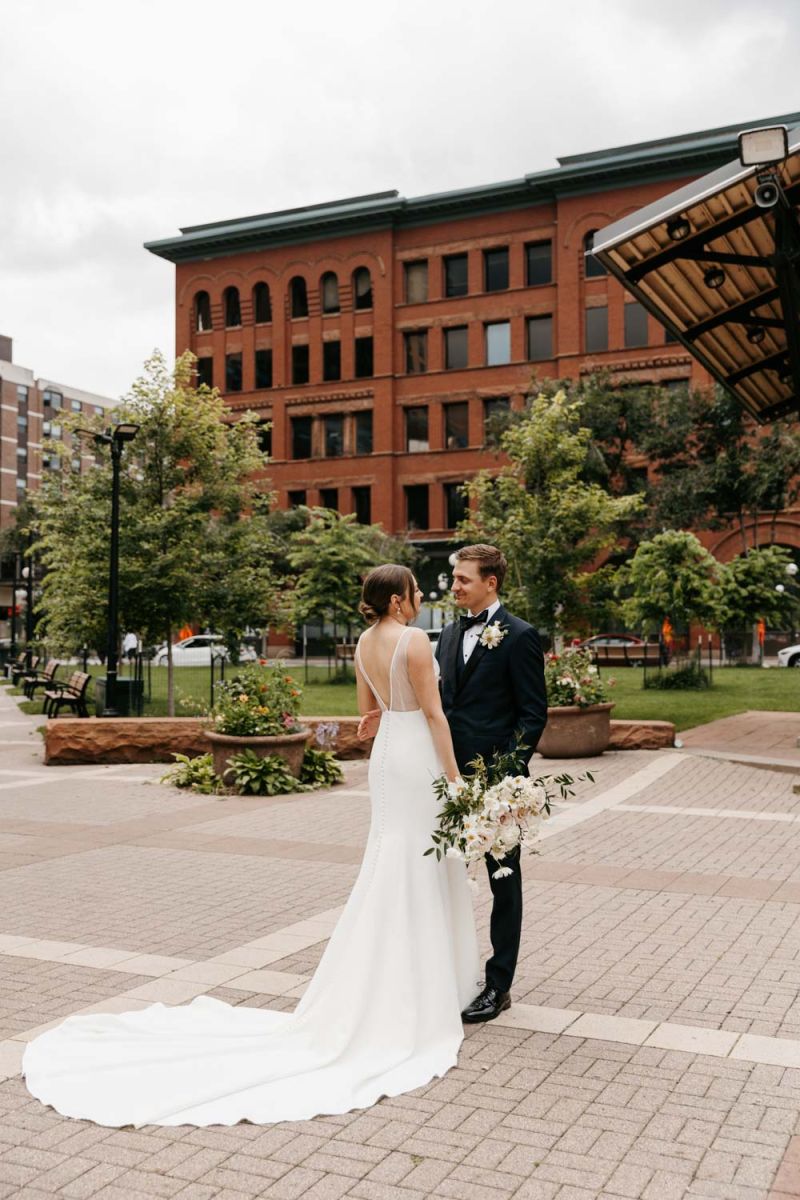 bride and groom posing